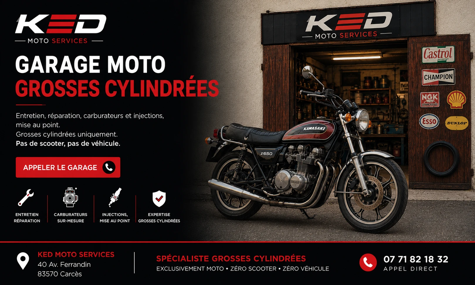 Ked Moto Services – Garage moto, identité forte et présence locale.