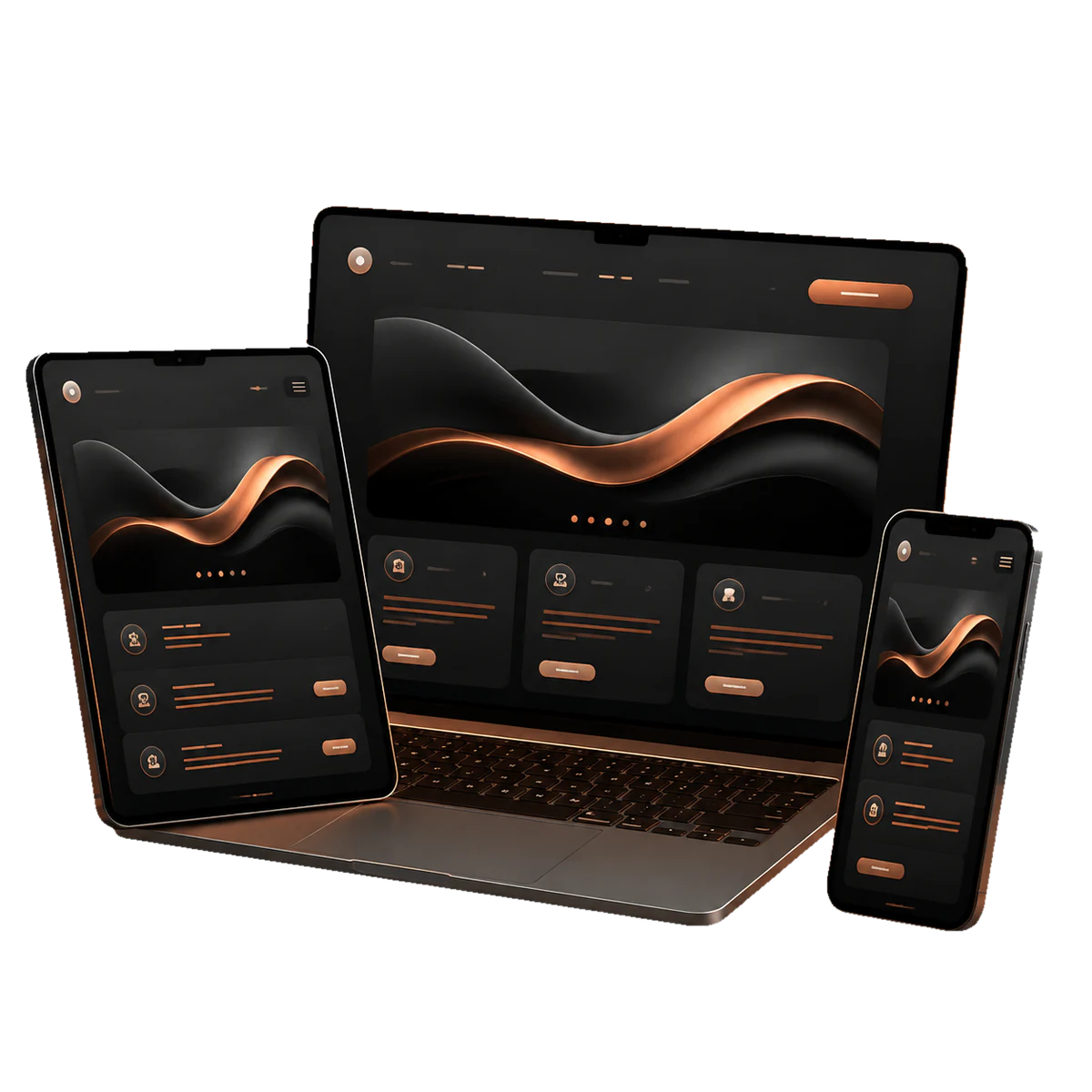 Ordinateur, tablette et téléphone affichant les maquettes du site, isolés sur fond transparent