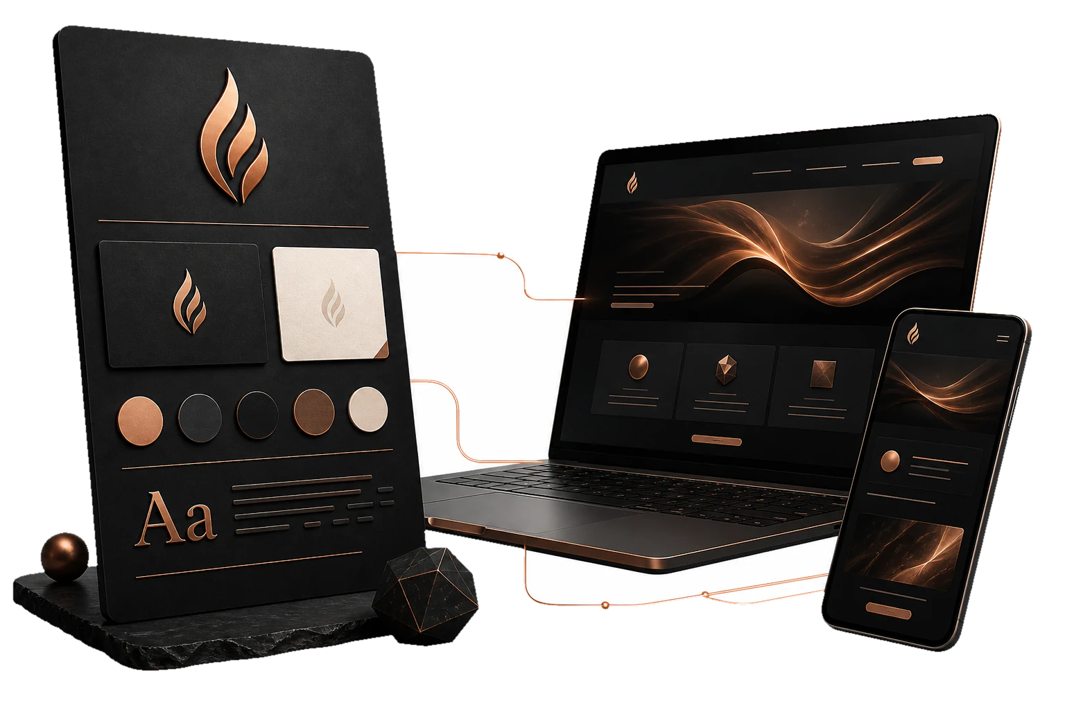 Visual identity board connected to website screens