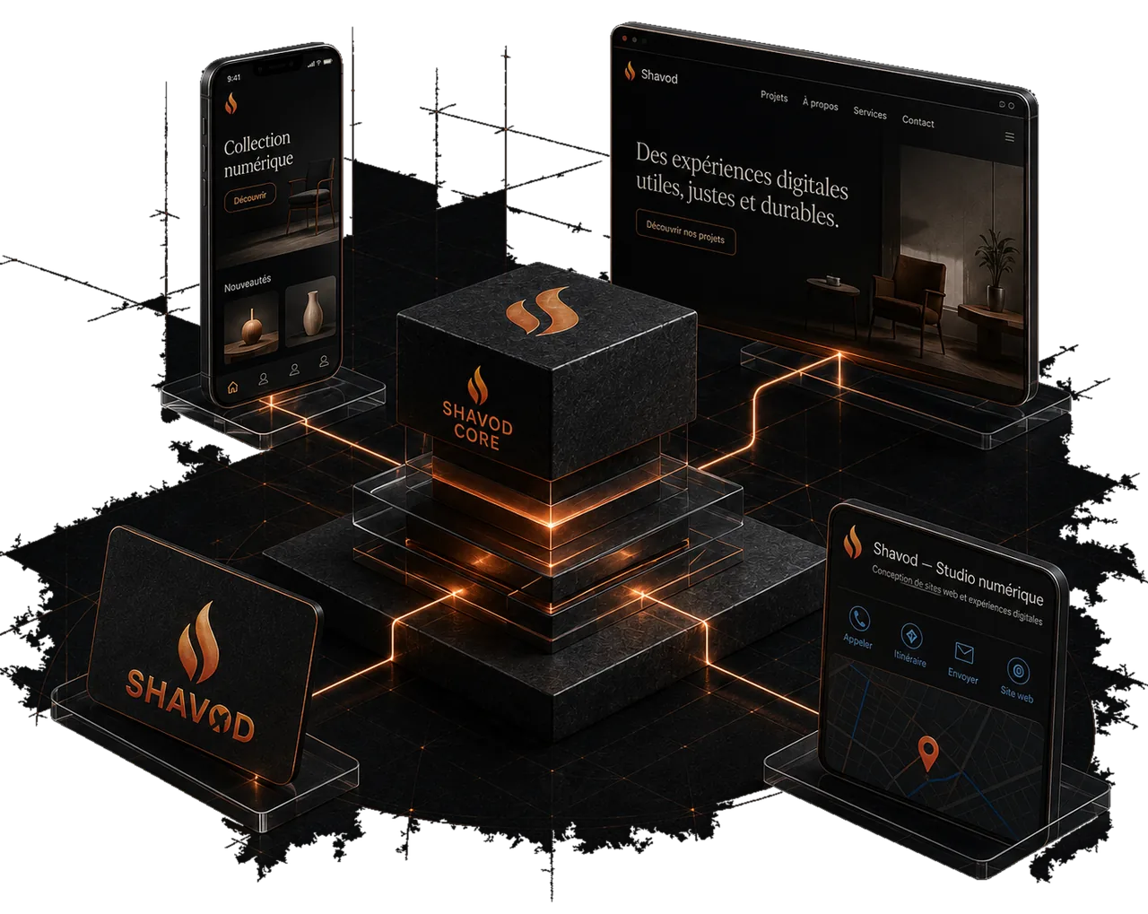 Écosystème Shavod : site web, application mobile, identité et fiche locale reliés à un cœur central