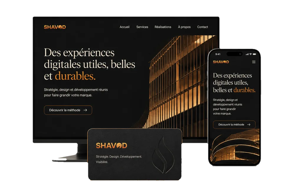 Le site Shavod sur écran, l’application mobile et la carte de visite, portés par la même identité